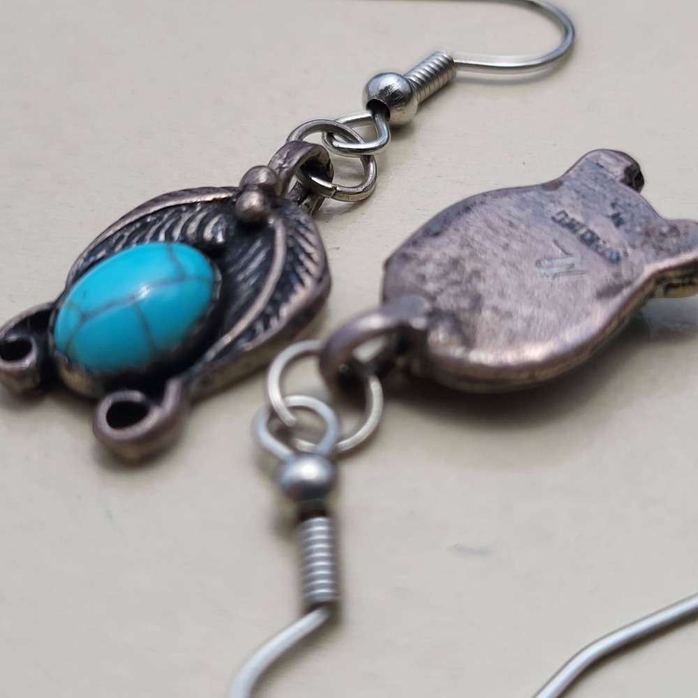 Vintage 925 Sterling Silver Turquoise Dangle Earrings Blue Southwestern Feather - Picture 8 of 8